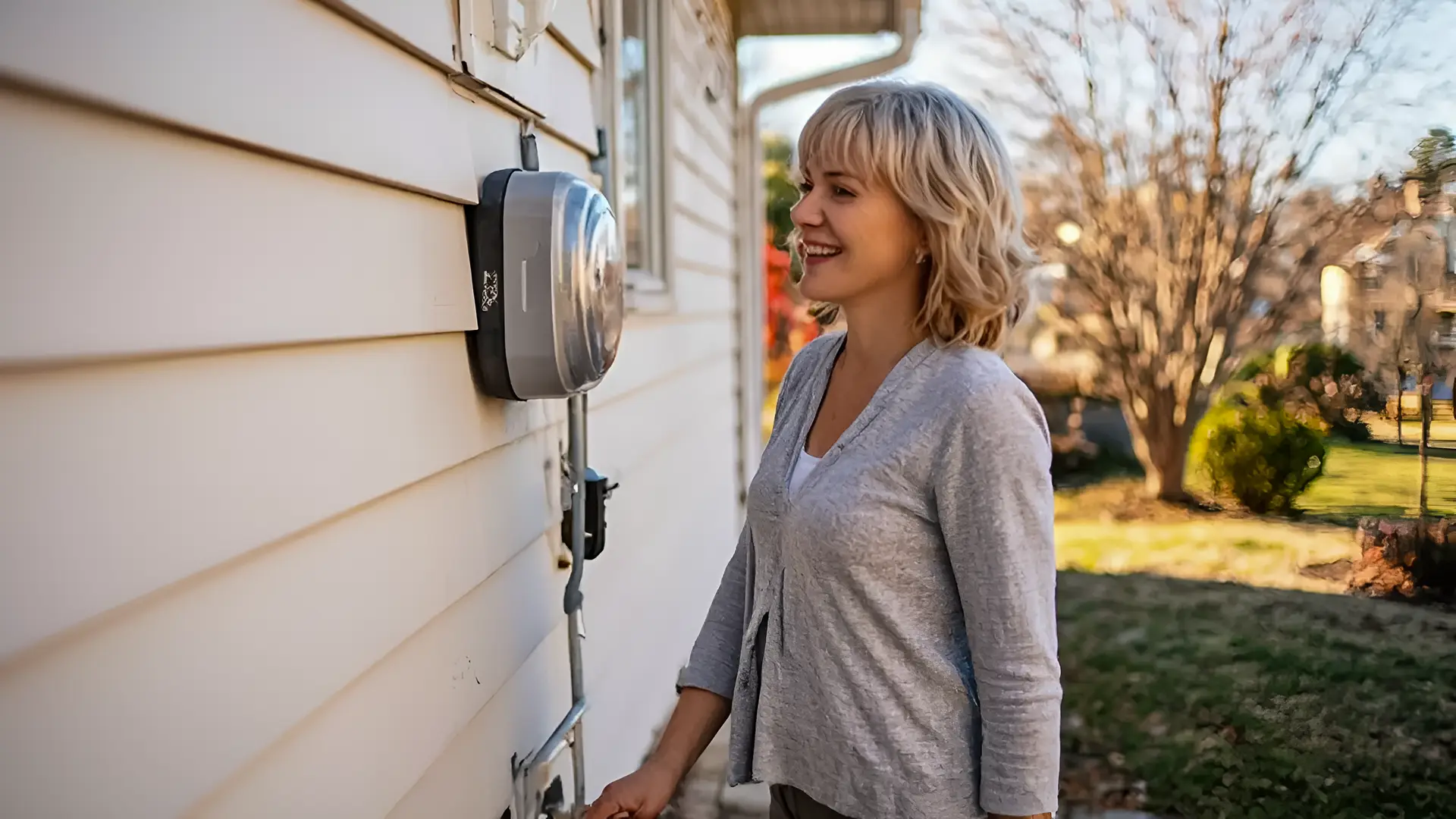 a young lady looking at her electric meter and smiling