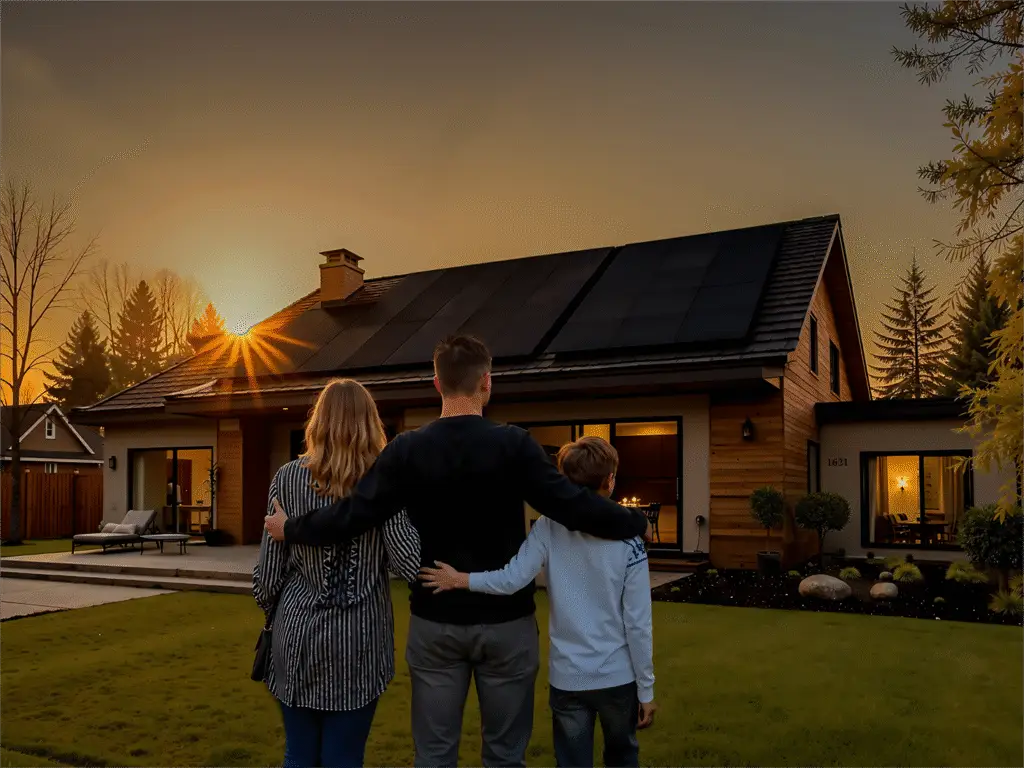 a family standing outside and are looking back at their new home with solar panels on it's roof