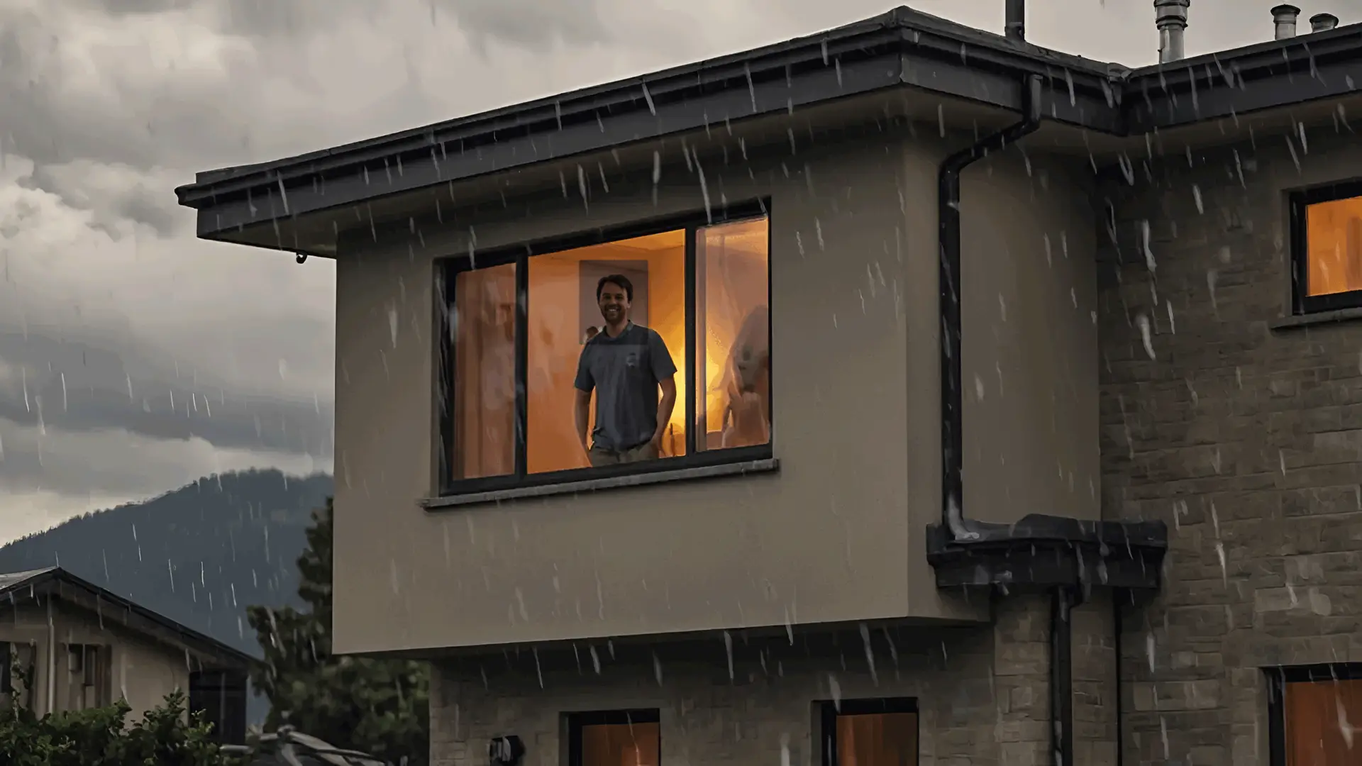 a man looking out the window of his house, with a smile on his face