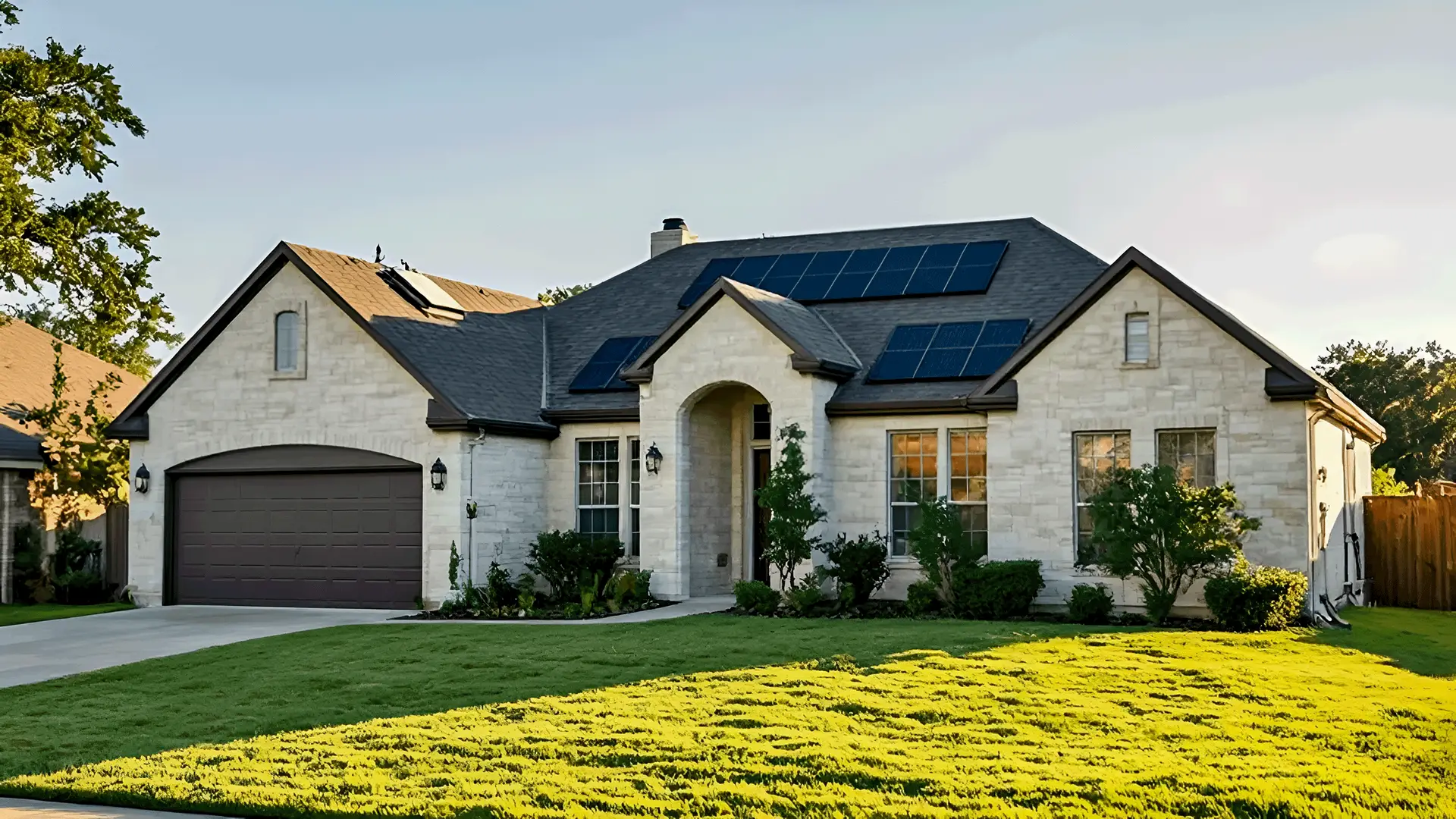 a white brick home with solar panels on its roof. there is also a beautiful green lawn at front