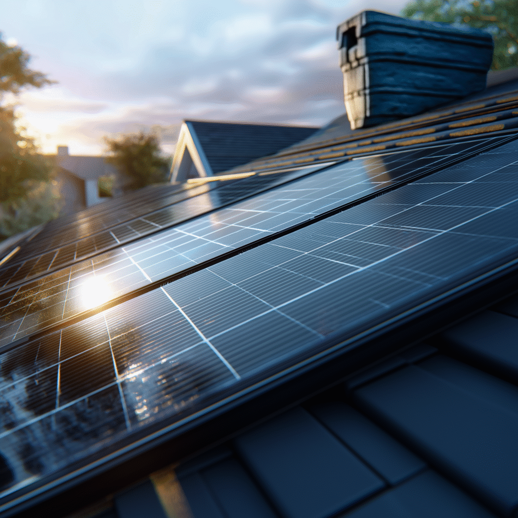 sunlight reflecting of of Qcell solar panels on a roof close up